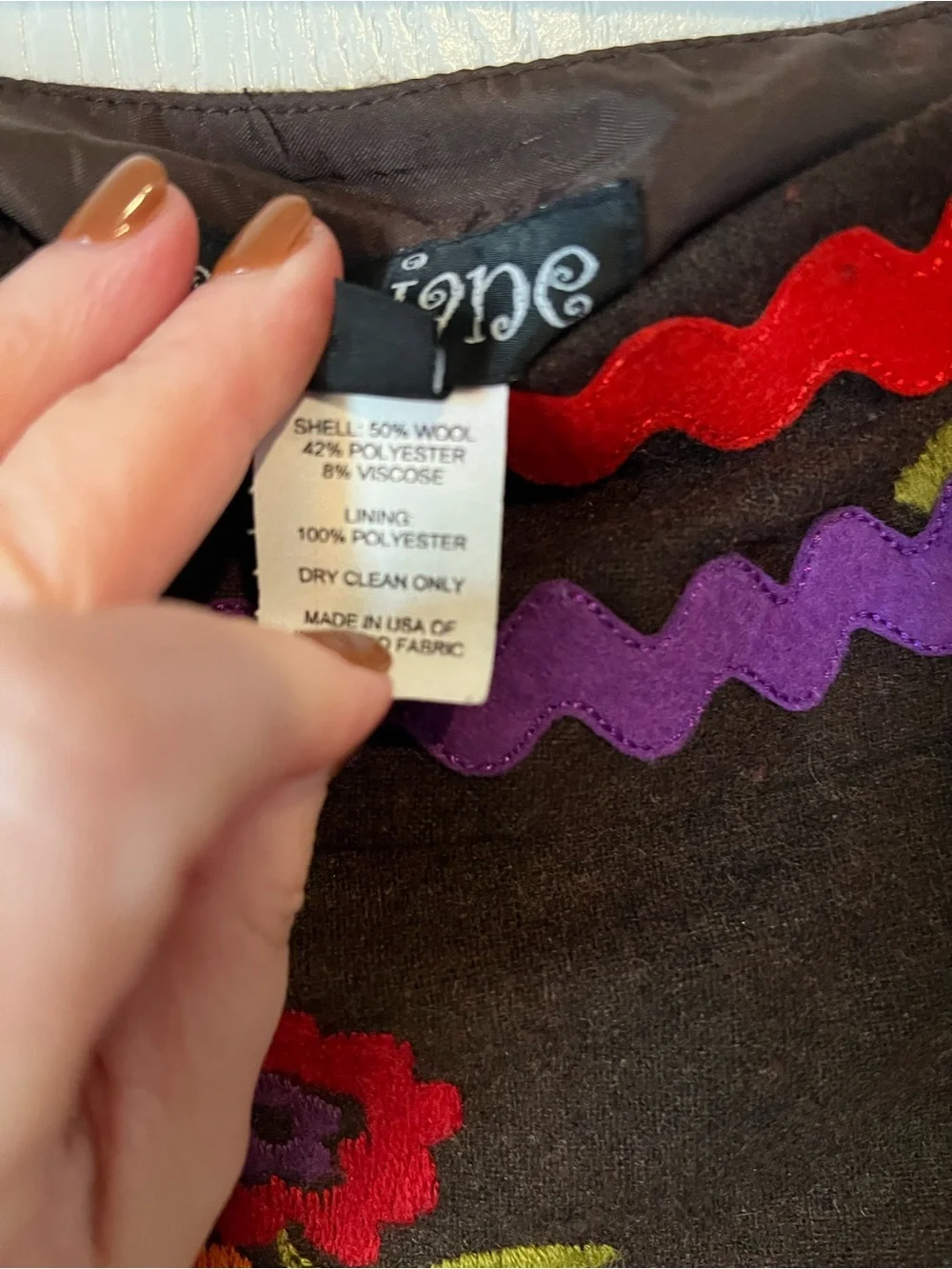 SARA JANE Brown Wool Skirt Flower Embroidery Fall Women Sz 0